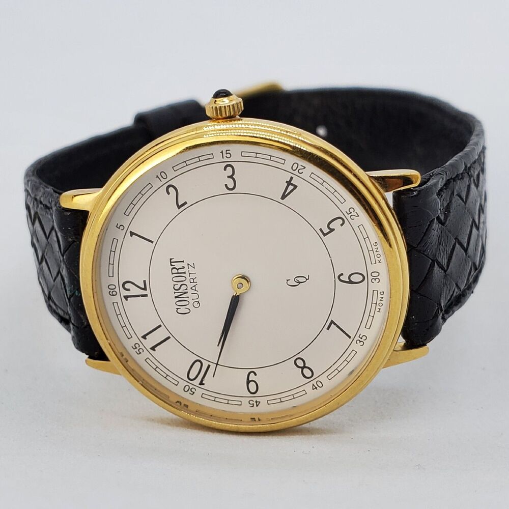 Consort Women's Watch 32MM White Dial Black Leather Bands New Battery